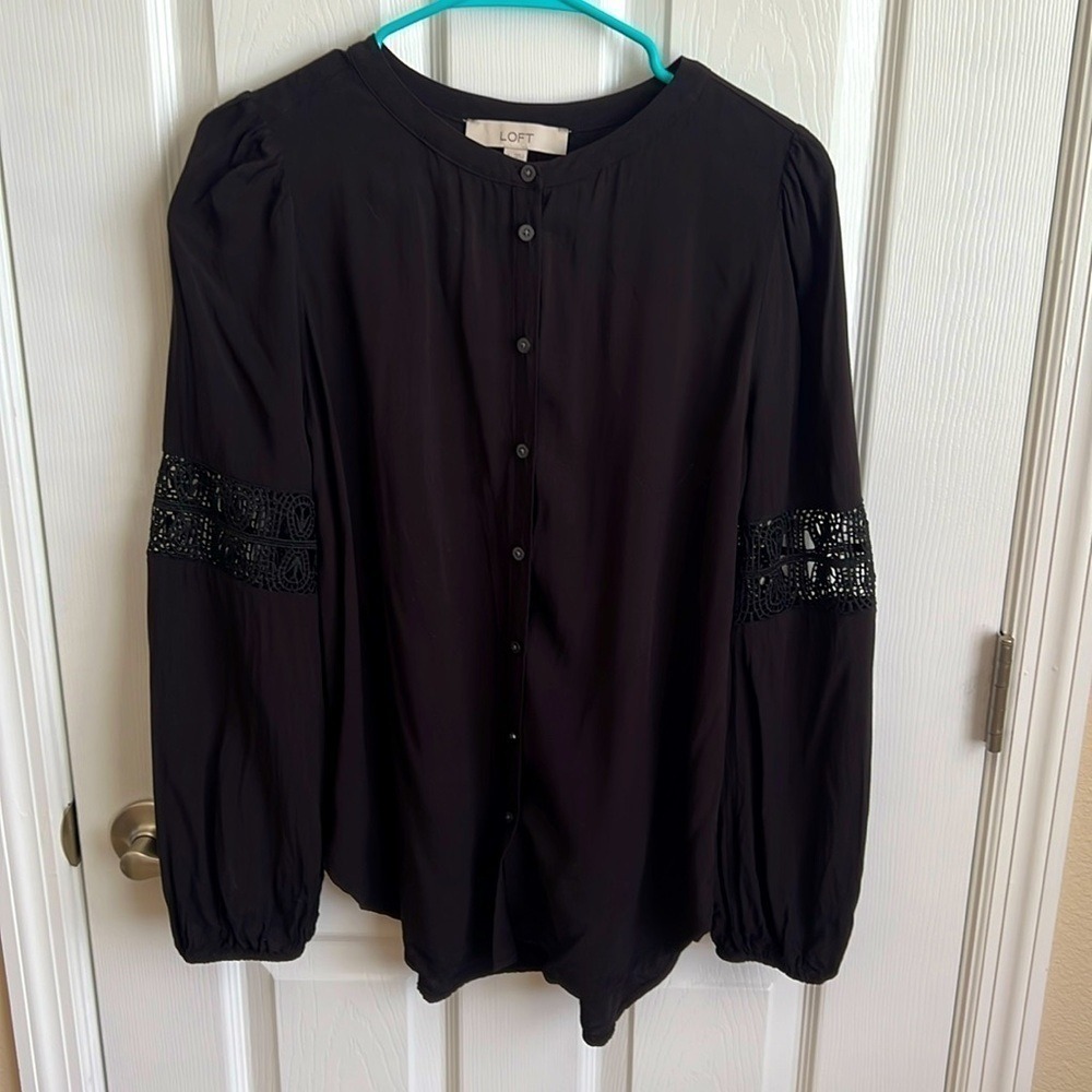 LOFT Black Blouse‎ Crochet Sleeve Detail Button Down Top Small